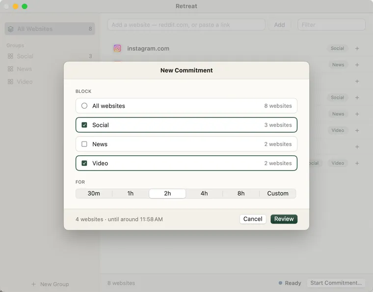 The New Commitment sheet: All websites as a radio choice above Group checkboxes, and a duration row with presets from 30 minutes to 8 hours plus Custom.