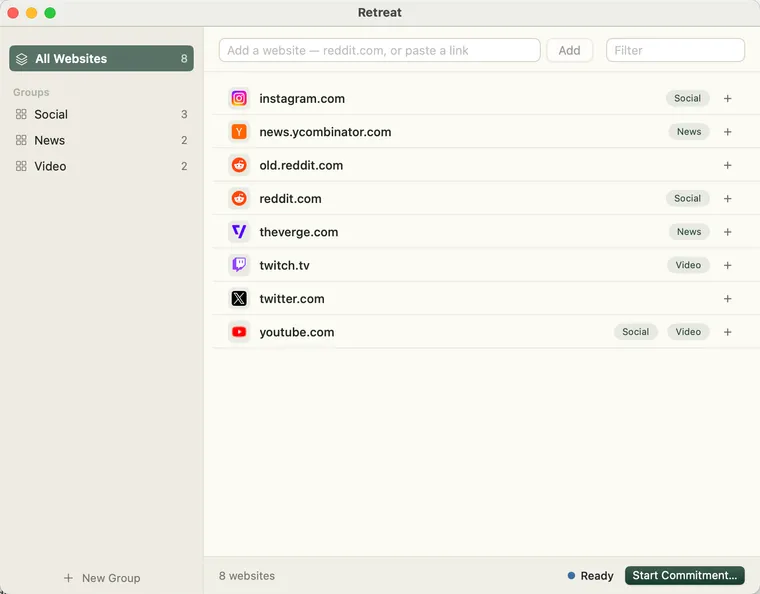 Retreat’s main window while idle: a sidebar with All Websites and three Groups — Social, News, Video — over a list of eight websites, and a Start Commitment button beside a blue Ready status.