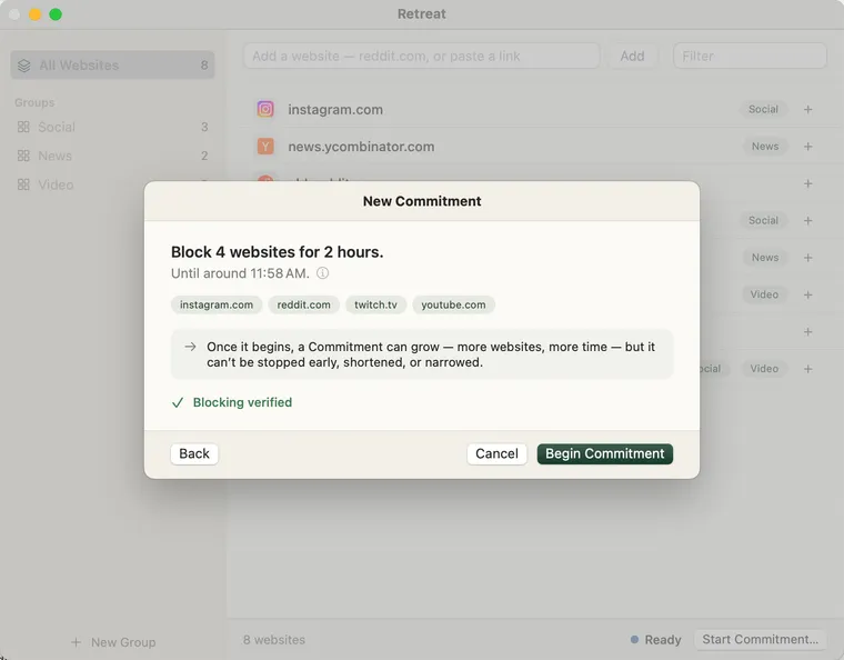 The review step: “Block 4 websites for 2 hours. Until around 11:58 AM.” with the resolved websites as chips, the one-way rule in a note, a green “Blocking verified” check, and a Begin Commitment button.
